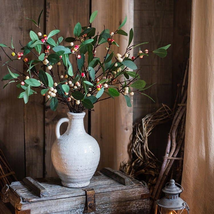 Artificial Fruit Snow Berry Leaf Stem 28" Tall Silk Plant: Red / Three Stems