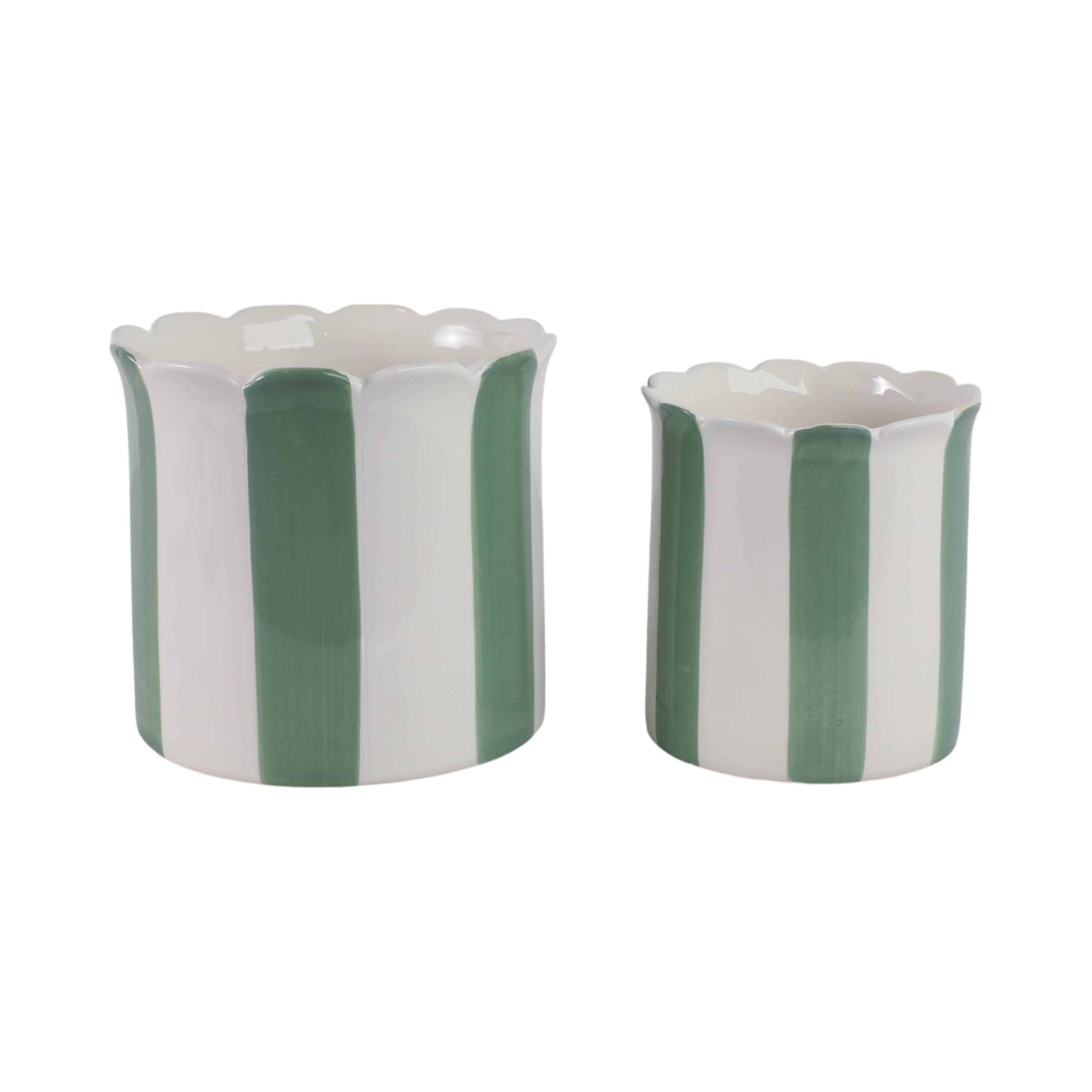 Planters  - Green/White Ceramic Striped, 6 in
