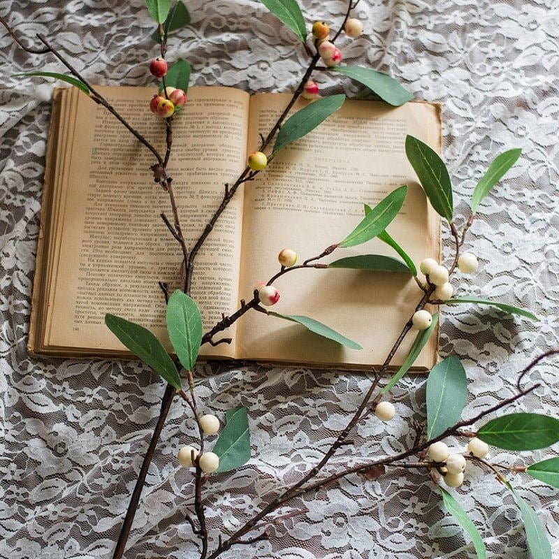 Artificial Fruit Snow Berry Leaf Stem 28" Tall Silk Plant: Red / Three Stems