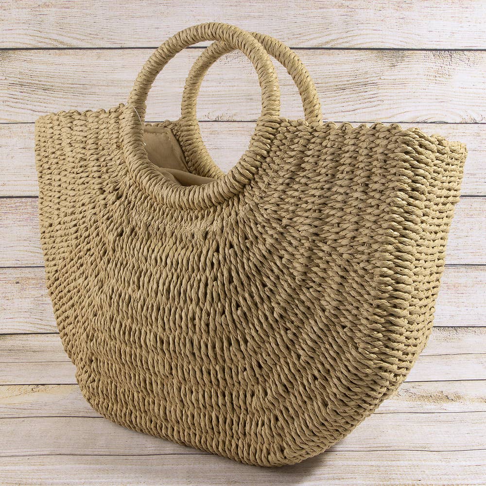 Woven Paper Straw Tote Bag With Ring Handles: TA