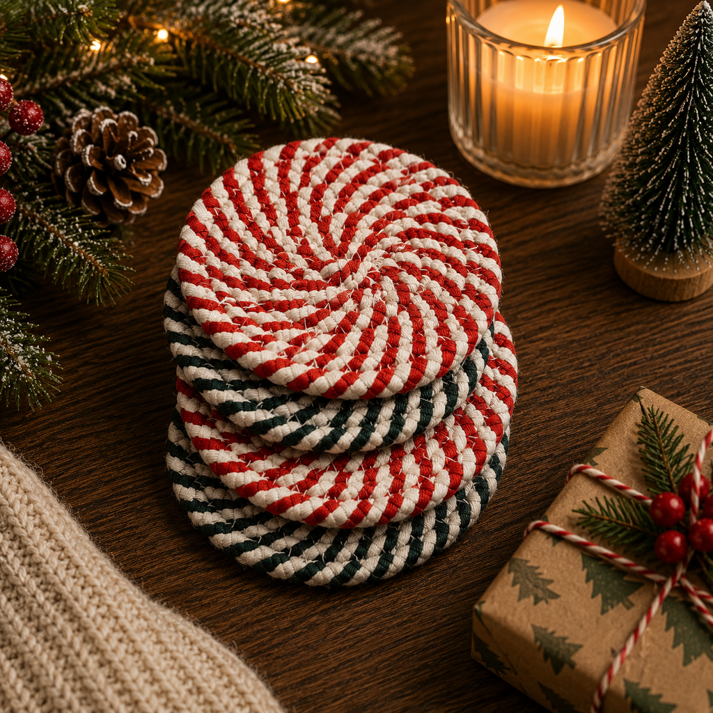Christmas Coasters, Red Candy Cane Braided Cotton Gift Sets: Green-4pk