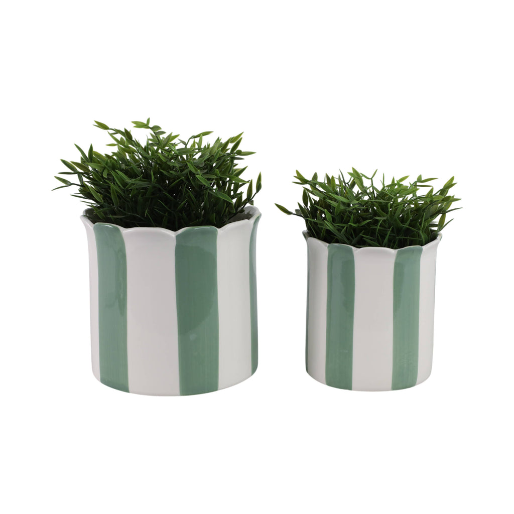 Planters  - Green/White Ceramic Striped, 6 in
