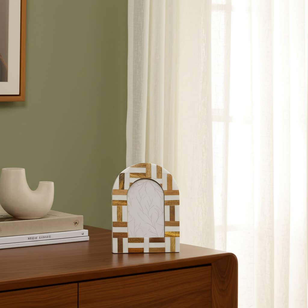 Picture Frame - Ivory Resin Wood Inlay Arch Design, 4x6 in.