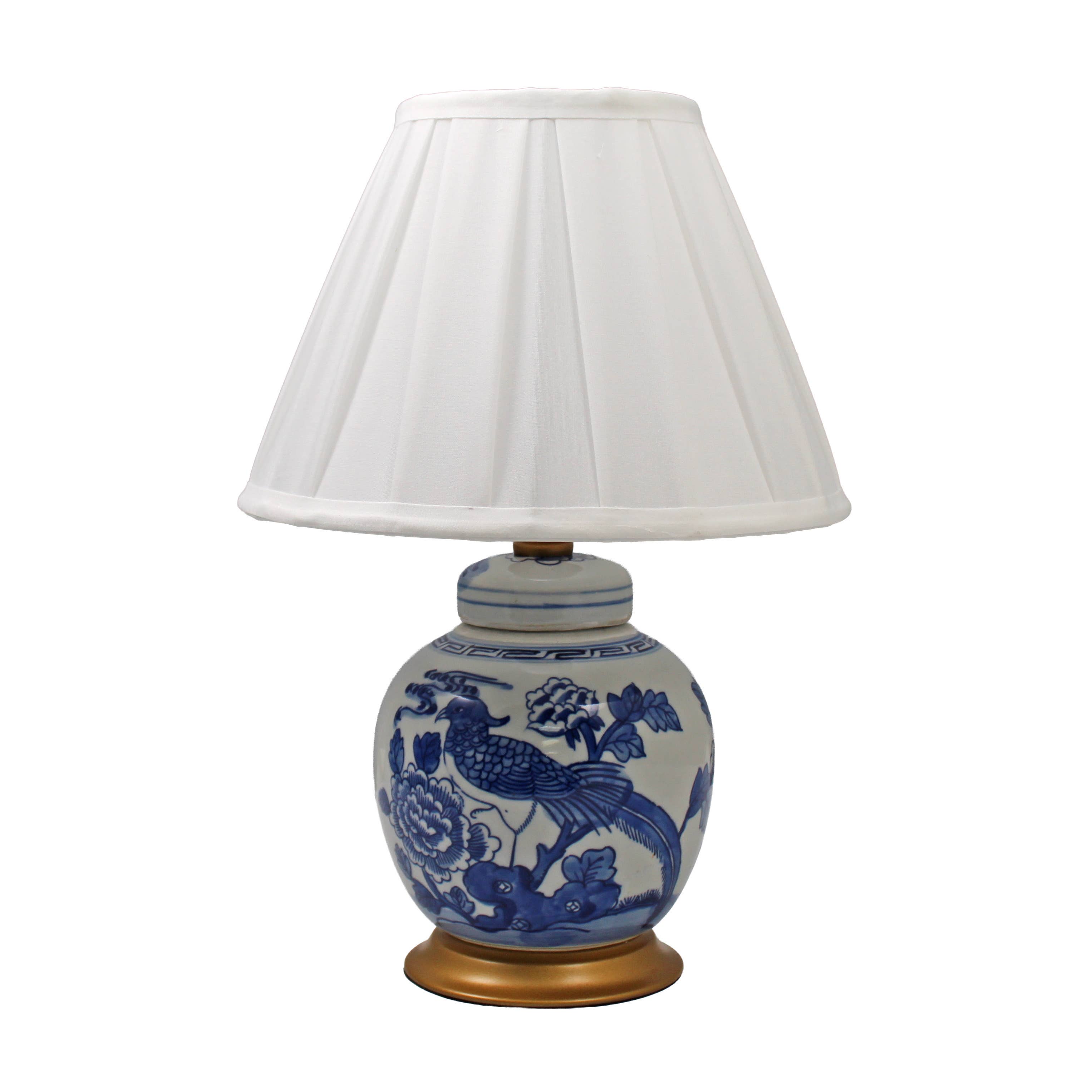Blue & White Flower Bird Porcelain Mini Jar Lamp w/Gold Base