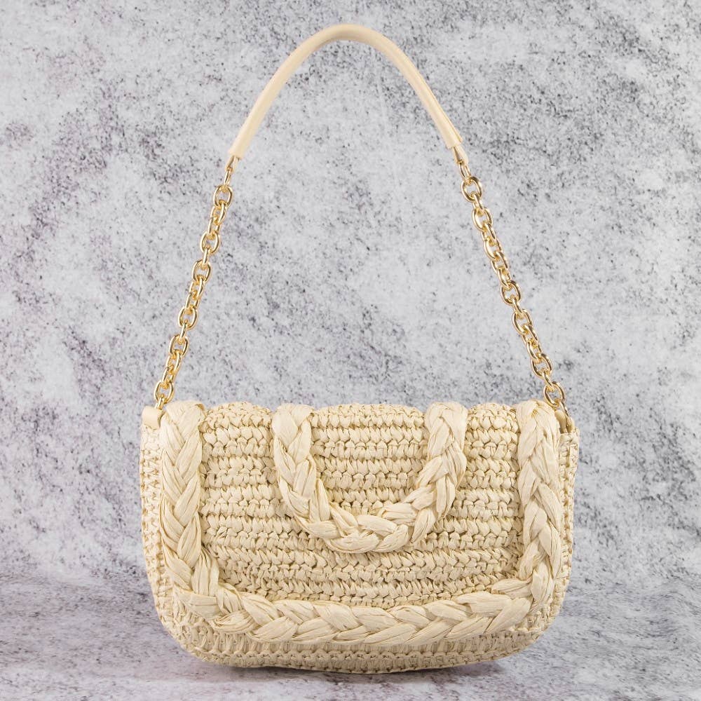 Woven Raffia Flap Shoulder Bag: CAMEL