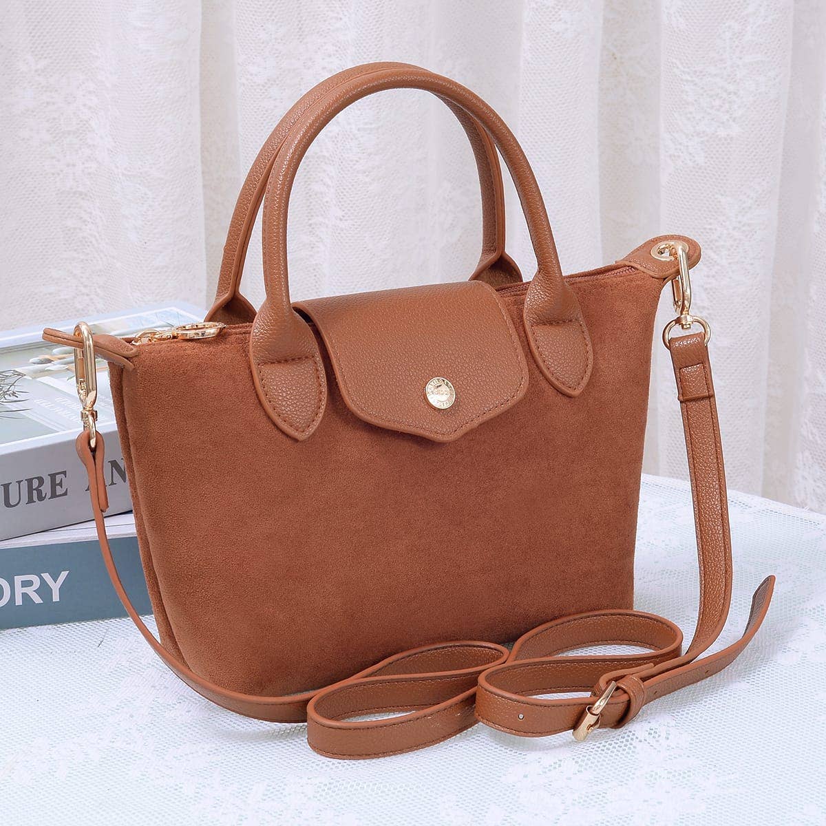 SD782  Britney Suede Double Handle Crossbody Bag: Black