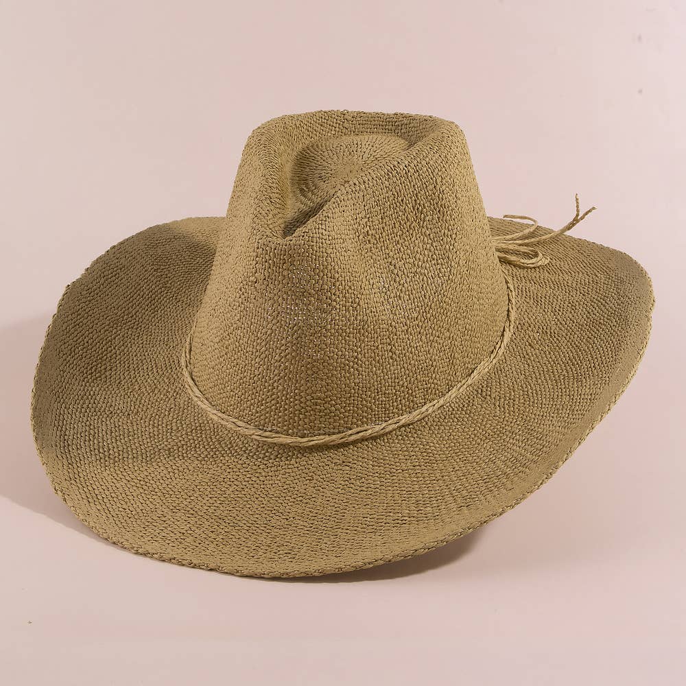 Paper Straw Braided Cord Band Cowboy Hat: KA