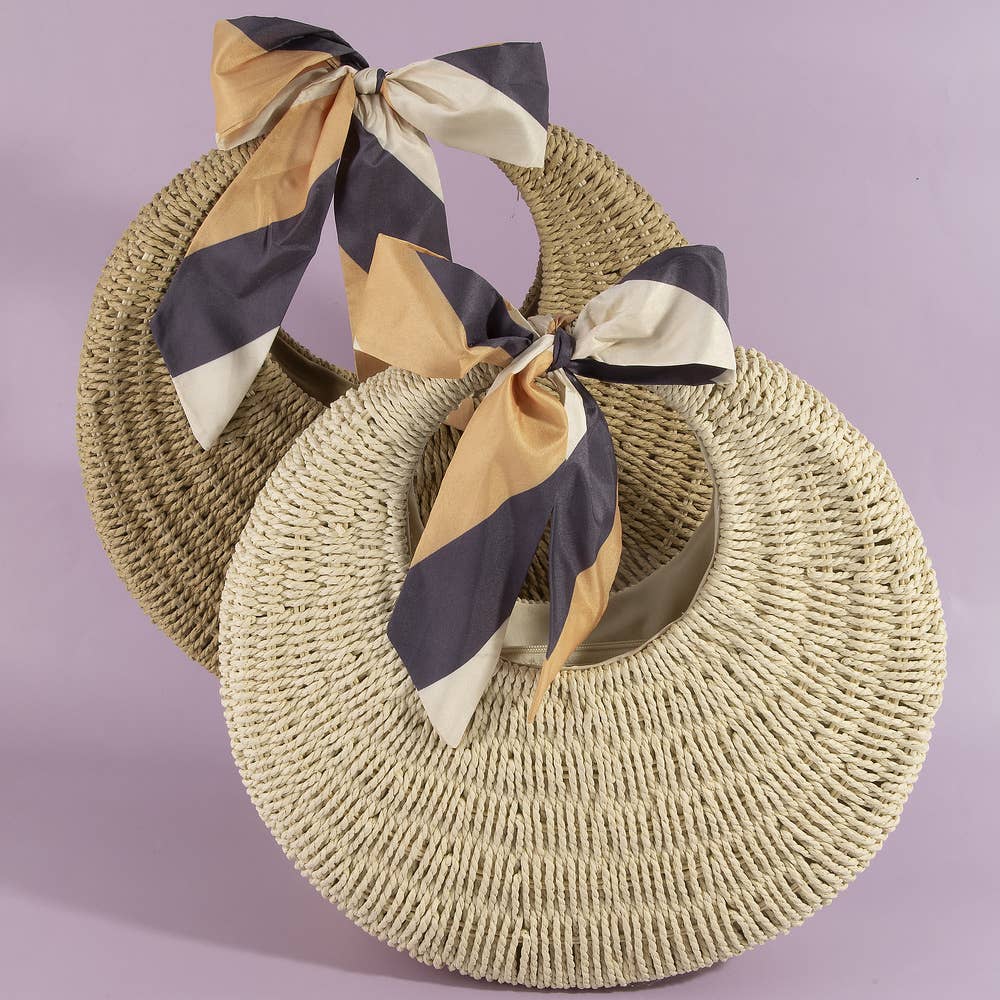 Round Woven Straw Bag With Bow Scarf Accent: CA