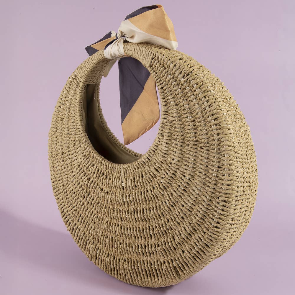 Round Woven Straw Bag With Bow Scarf Accent: CA