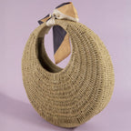 Round Woven Straw Bag With Bow Scarf Accent: CA