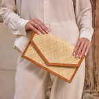 Ivory Rattan Clutch with Brown Leather Trim