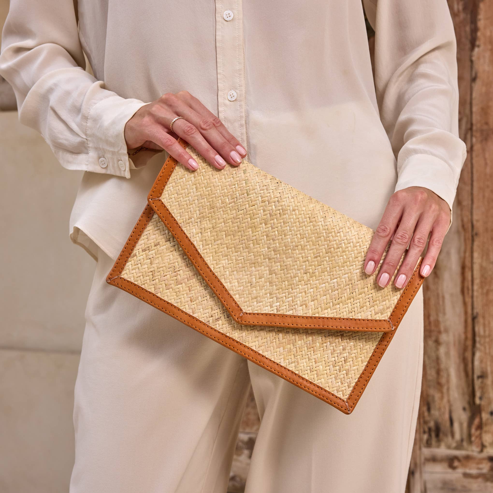 Ivory Rattan Clutch with Brown Leather Trim