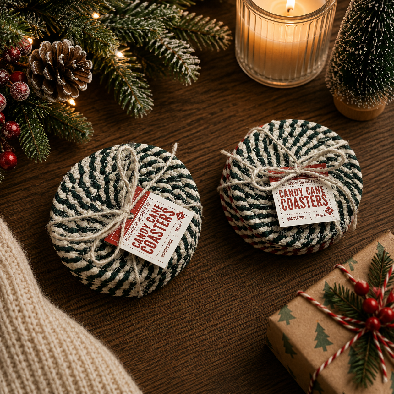 Christmas Coasters, Red Candy Cane Braided Cotton Gift Sets: Red & Green-4pk