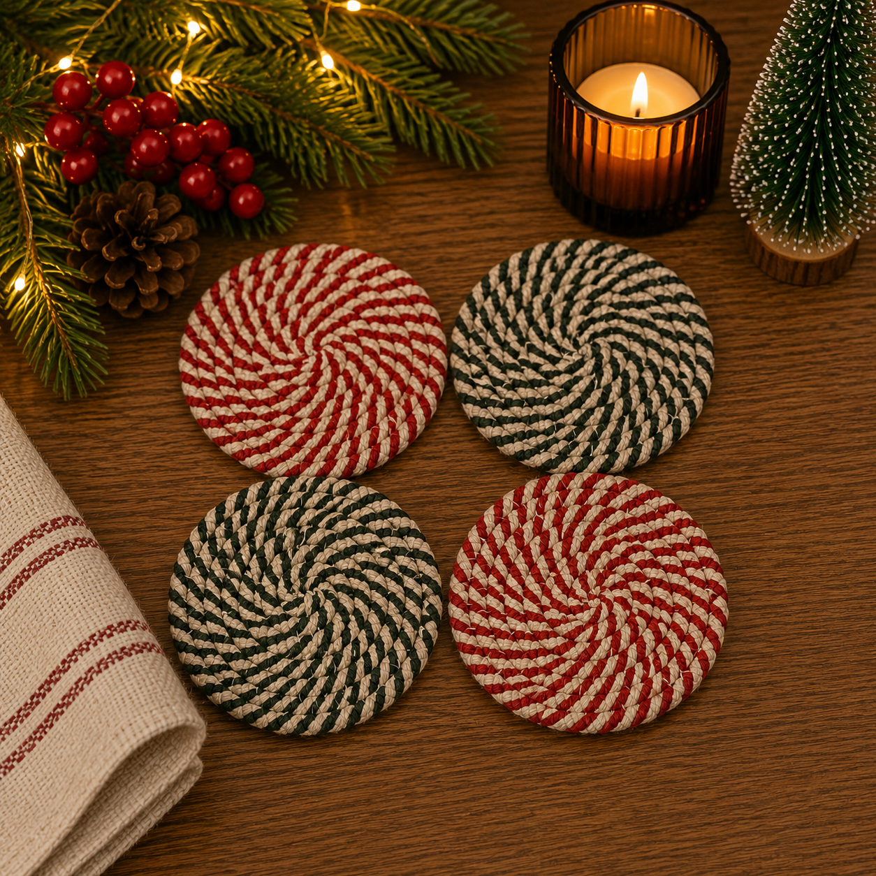 Christmas Coasters, Red Candy Cane Braided Cotton Gift Sets: Red & Green-4pk