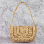 Woven Raffia Flap Shoulder Bag: CAMEL