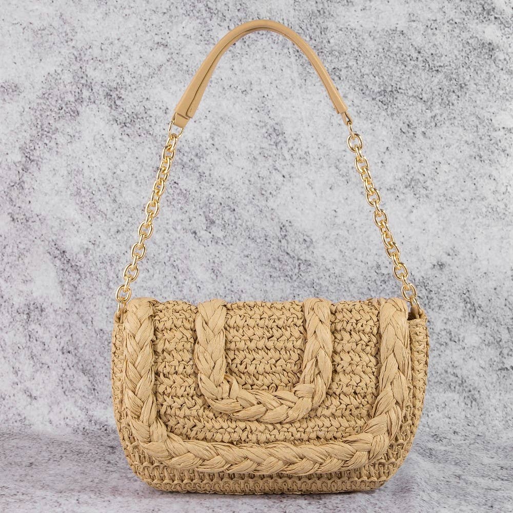 Woven Raffia Flap Shoulder Bag: CAMEL