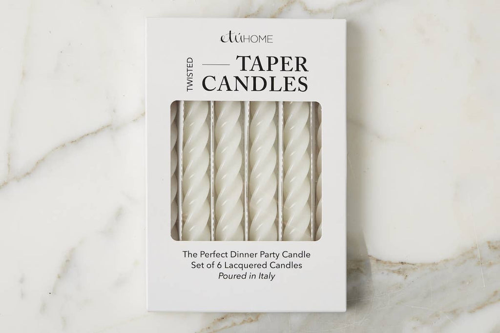 Lacquered Twisted Taper Candles, White, Boxed, Set of 6