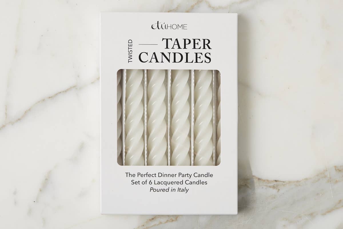 Lacquered Twisted Taper Candles, White, Boxed, Set of 6