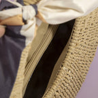 Round Woven Straw Bag With Bow Scarf Accent: CA