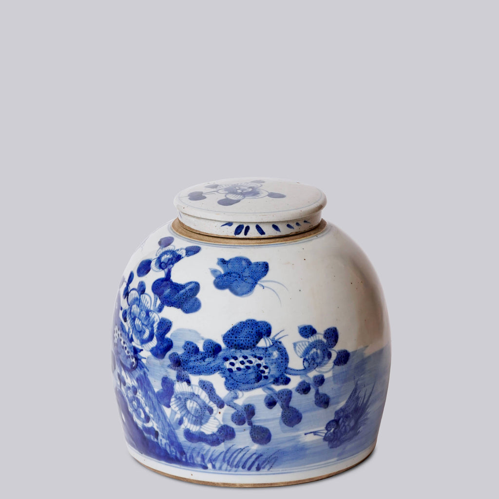 Blue & White Porcelain Bird & Flower Med. Round Storage Jar