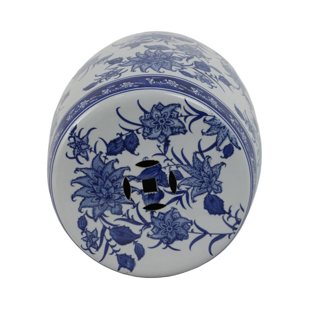 Stool - Blue Ceramic Pinwheel Flower Chinoiserie, 18 in.