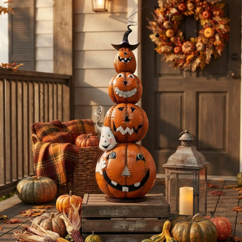 Metal Jack O Lantern Stack w/ Ghost 40" | Halloween Decor