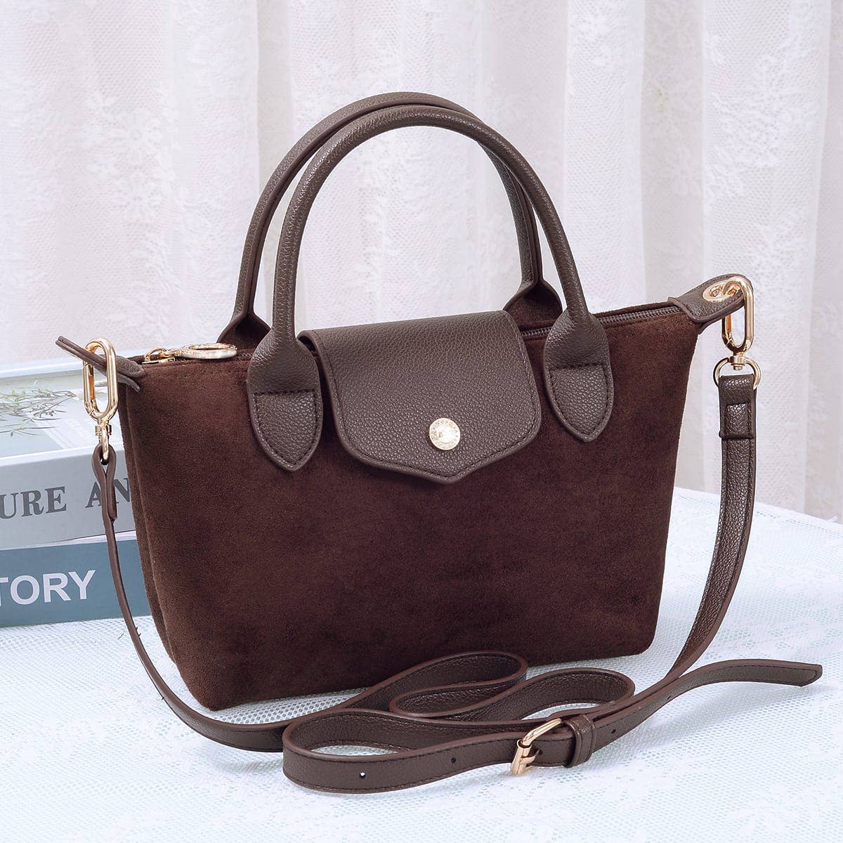 SD782  Britney Suede Double Handle Crossbody Bag: Black
