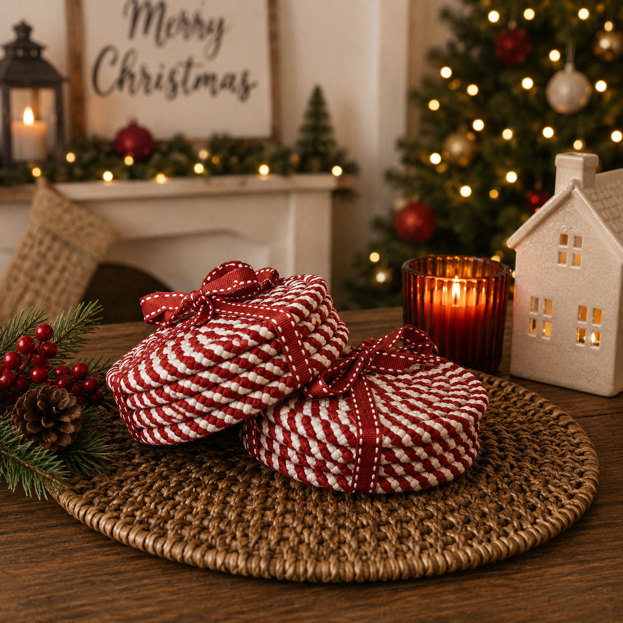 Christmas Coasters, Red Candy Cane Braided Cotton Gift Sets: Red-4pk