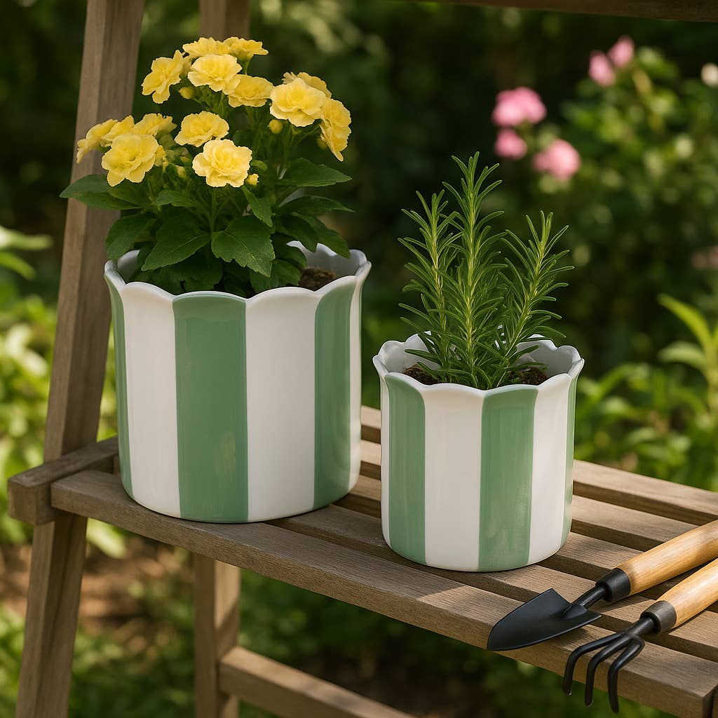 Planters  - Green/White Ceramic Striped, 6 in
