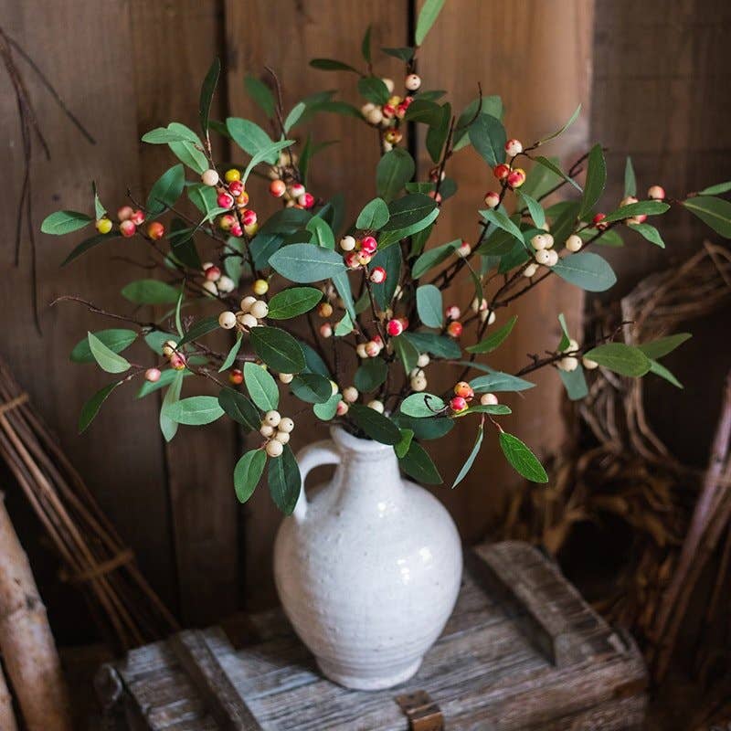 Artificial Fruit Snow Berry Leaf Stem 28" Tall Silk Plant: Red / Three Stems