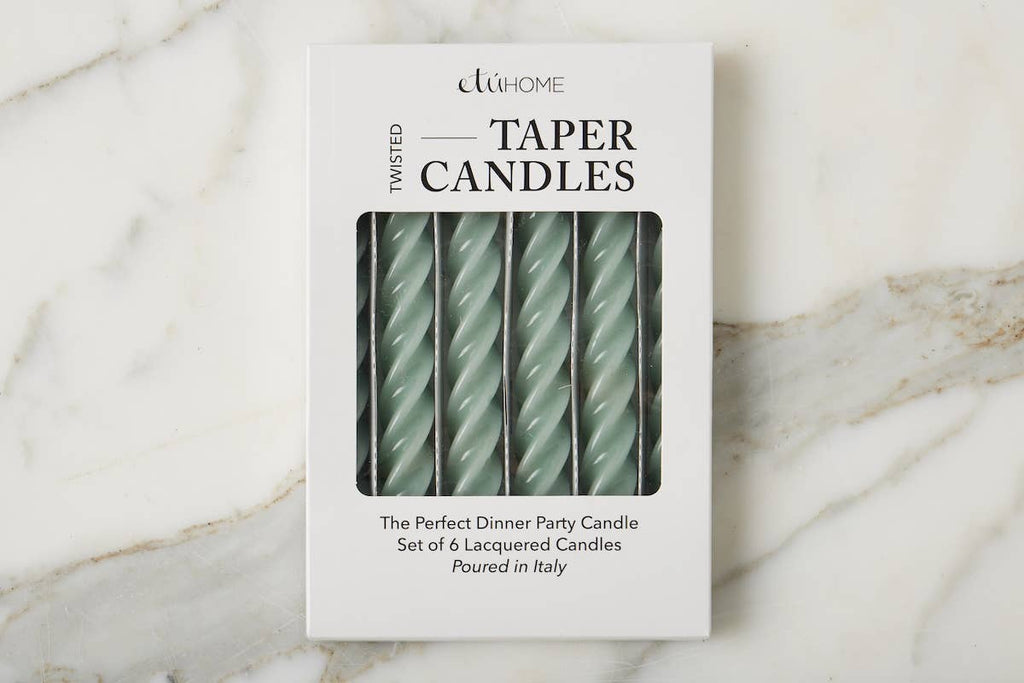 Lacquered Twisted Taper Candles, Sage Green, Boxed, Set of 6