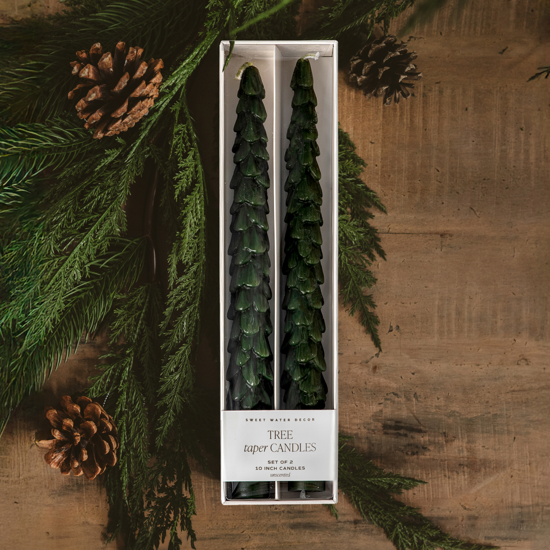 Green Tree Taper Candles, Set of 2 - Christmas Decor