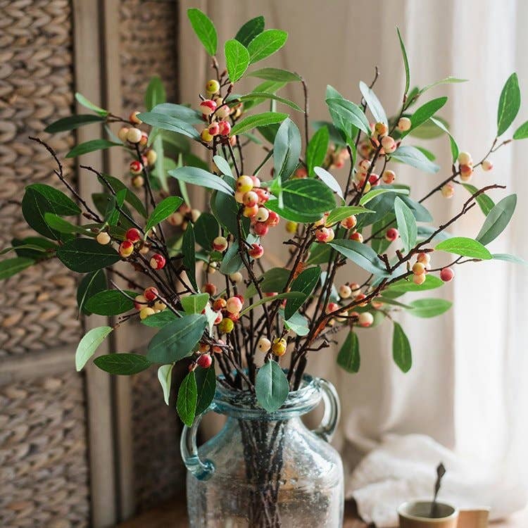 Artificial Fruit Snow Berry Leaf Stem 28" Tall Silk Plant: Red / Three Stems