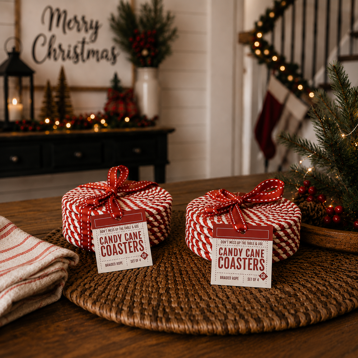 Christmas Coasters, Red Candy Cane Braided Cotton Gift Sets: Red-4pk