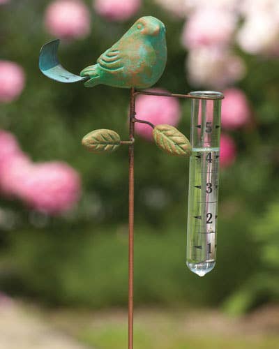 Teal Bird Rain Gauge, Staked