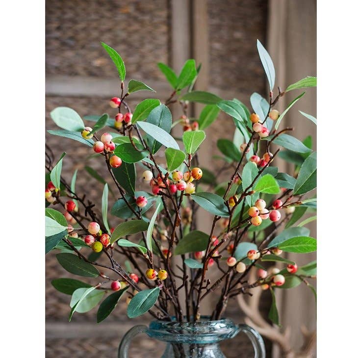 Artificial Fruit Snow Berry Leaf Stem 28" Tall Silk Plant: Red / Three Stems