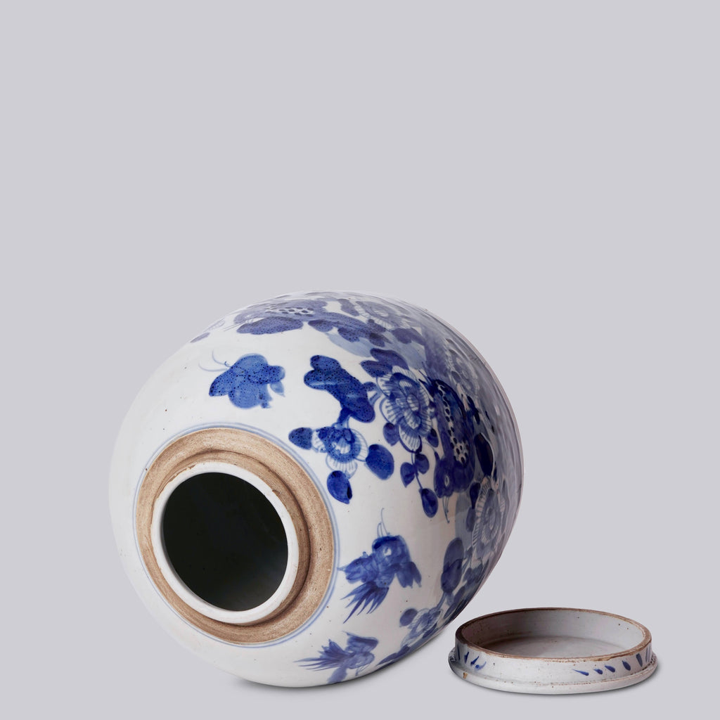 Blue & White Porcelain Bird & Flower Med. Round Storage Jar