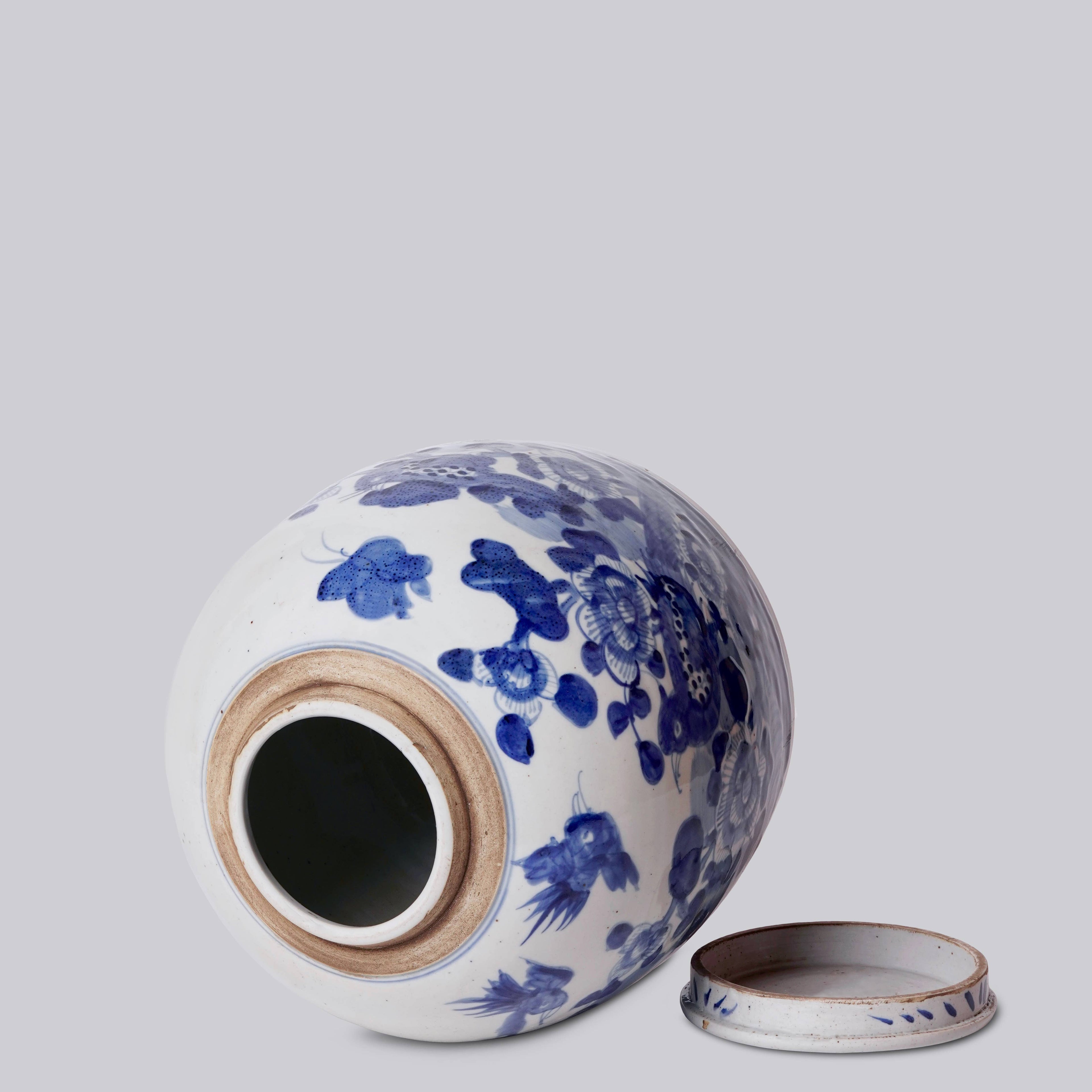 Blue & White Porcelain Bird & Flower Med. Round Storage Jar