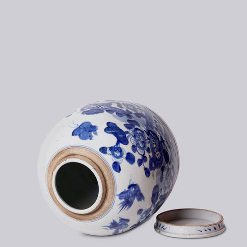 Blue & White Porcelain Bird & Flower Med. Round Storage Jar