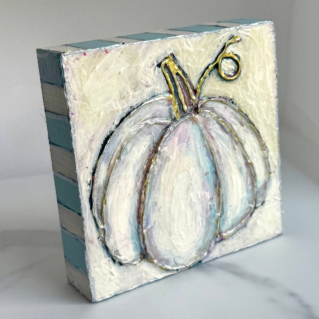 Pastel White Pumpkin Textured Handpainted Wood Block Art