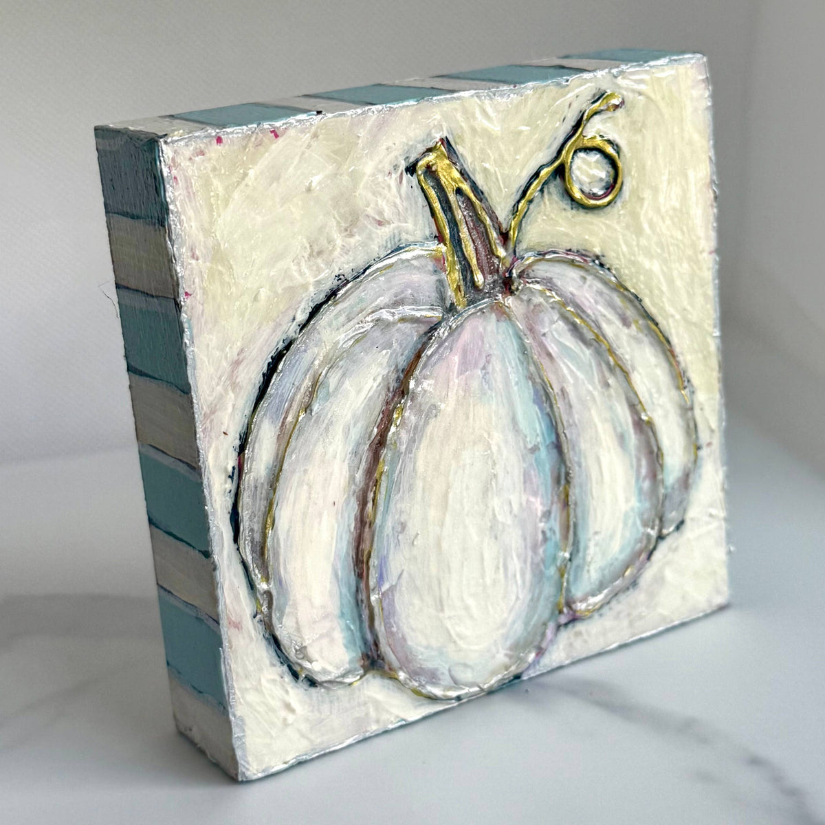 Pastel White Pumpkin Textured Handpainted Wood Block Art