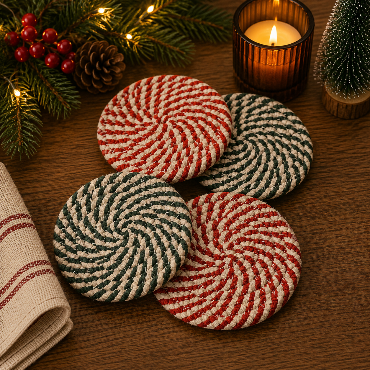 Christmas Coasters, Red Candy Cane Braided Cotton Gift Sets: Green-4pk
