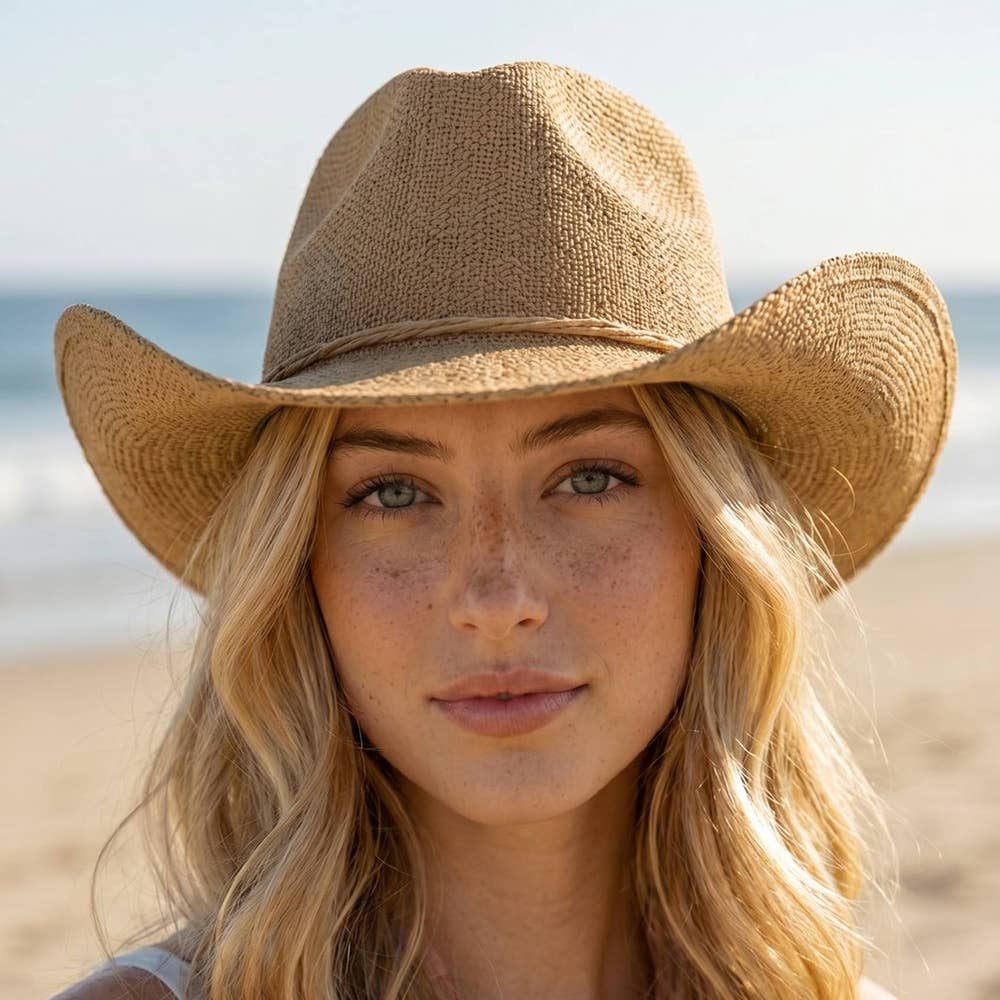 Paper Straw Braided Cord Band Cowboy Hat: KA