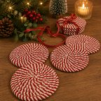 Christmas Coasters, Red Candy Cane Braided Cotton Gift Sets: Red & Green-4pk