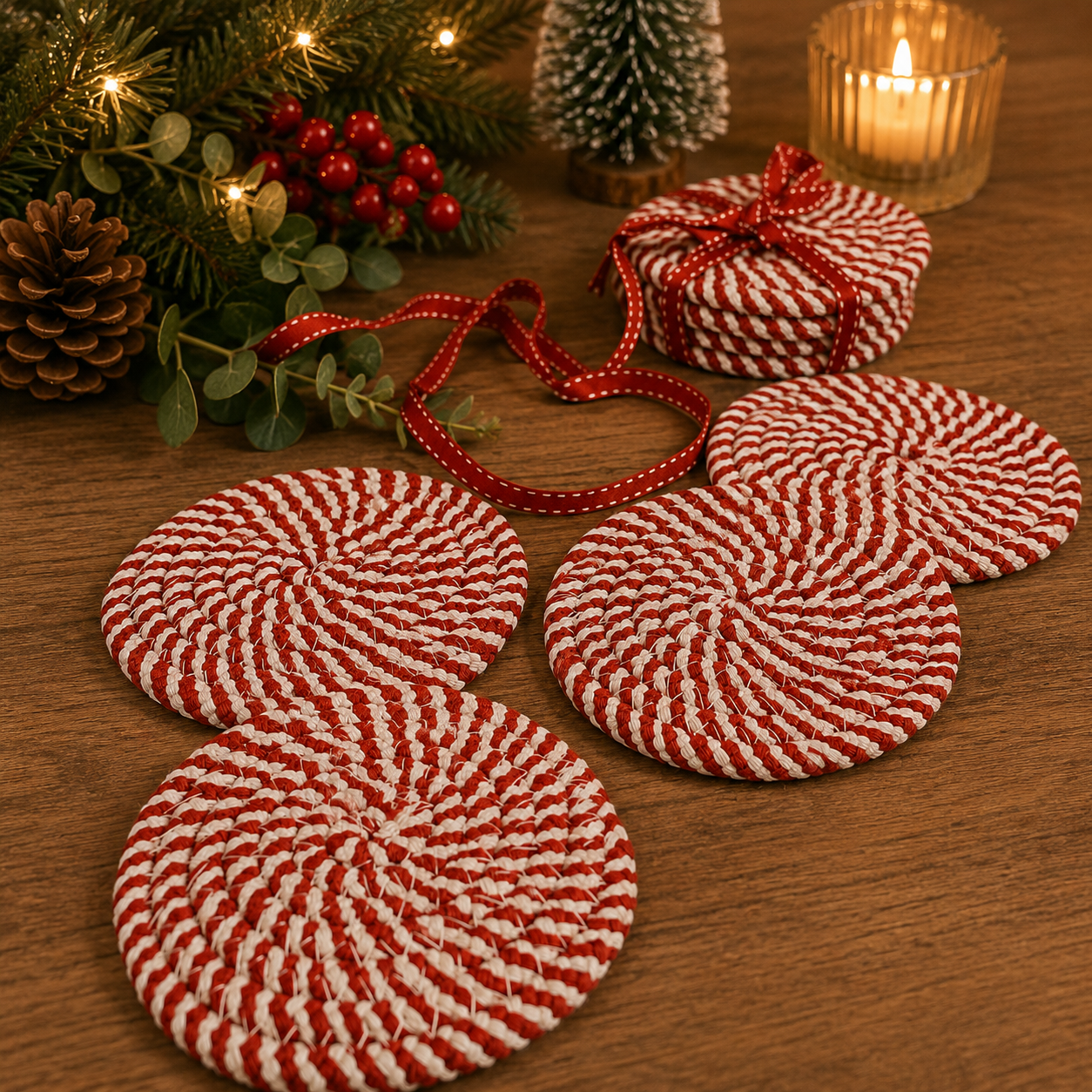 Christmas Coasters, Red Candy Cane Braided Cotton Gift Sets: Red & Green-4pk