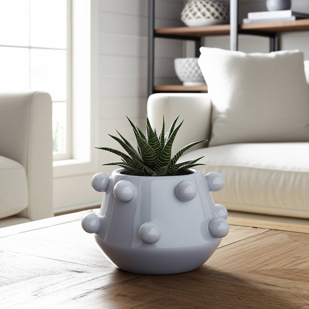 Decorative Planter - White Ceramic Tapered Bubble, 8 in.