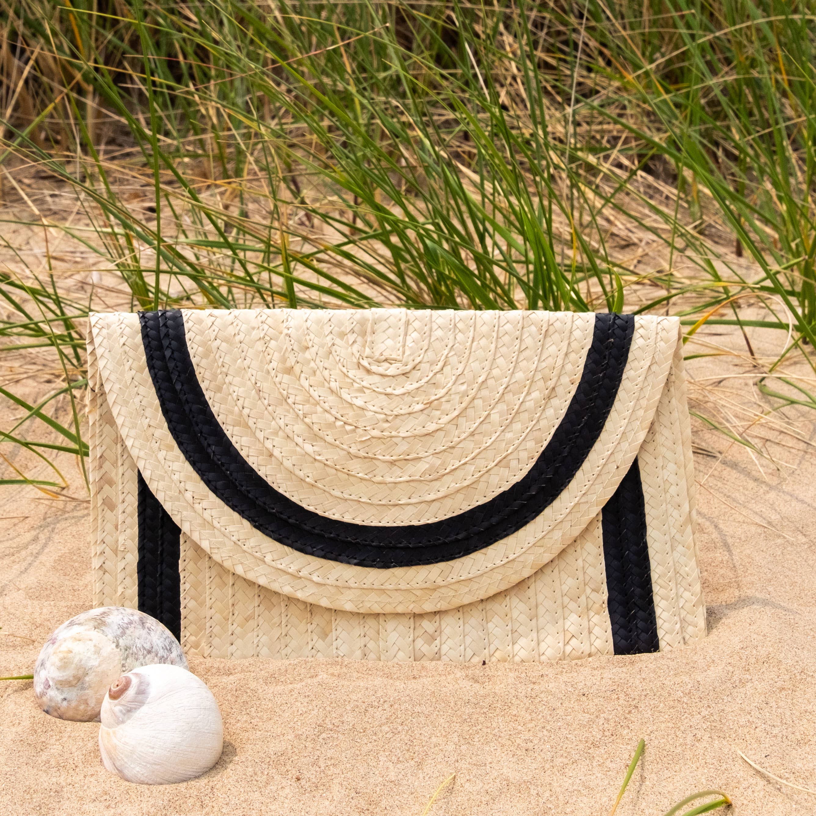 Straw Clutch - Ivory with Black Trim