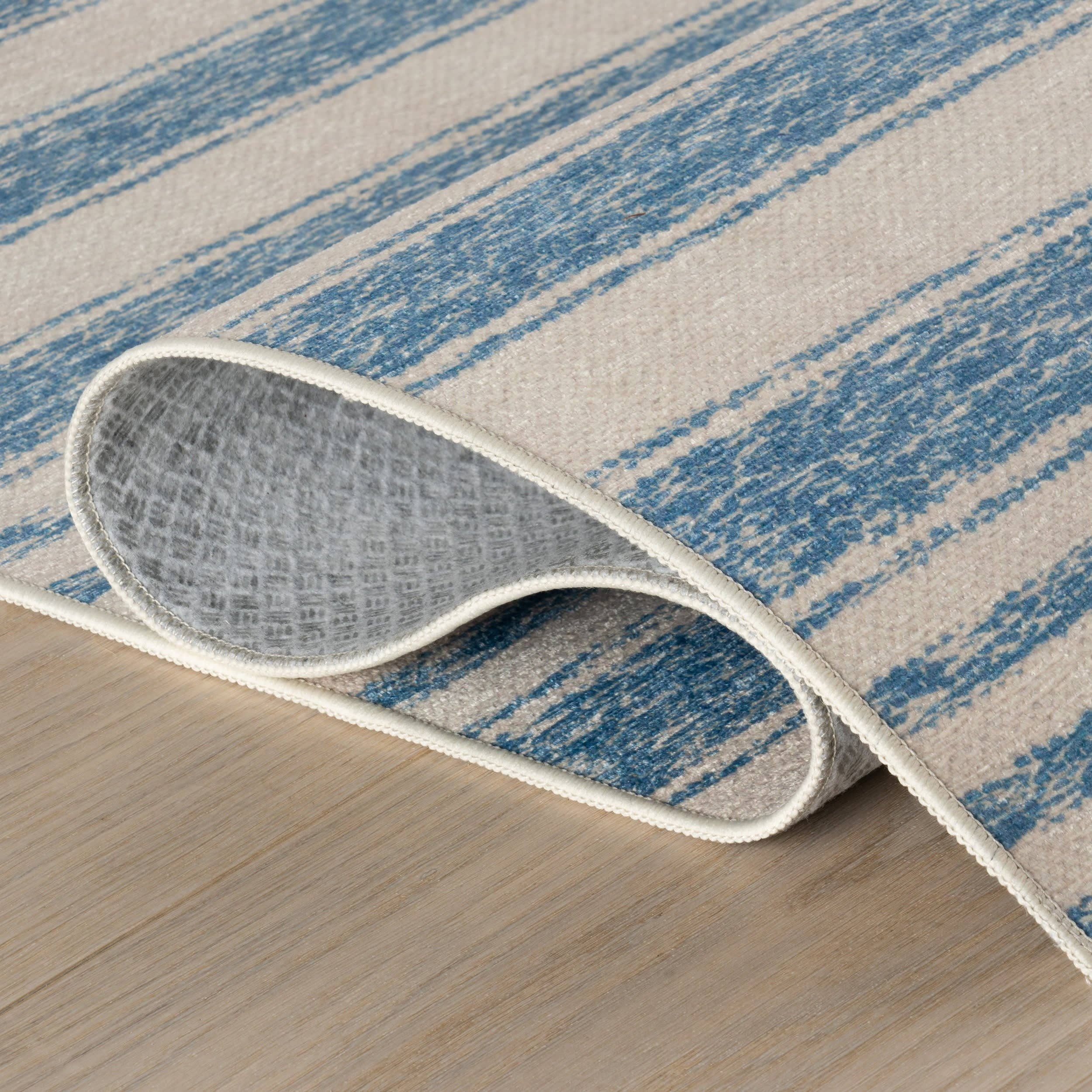 Vion Coastal Striped Machine Washable Rug | Blue: 2' x 3'