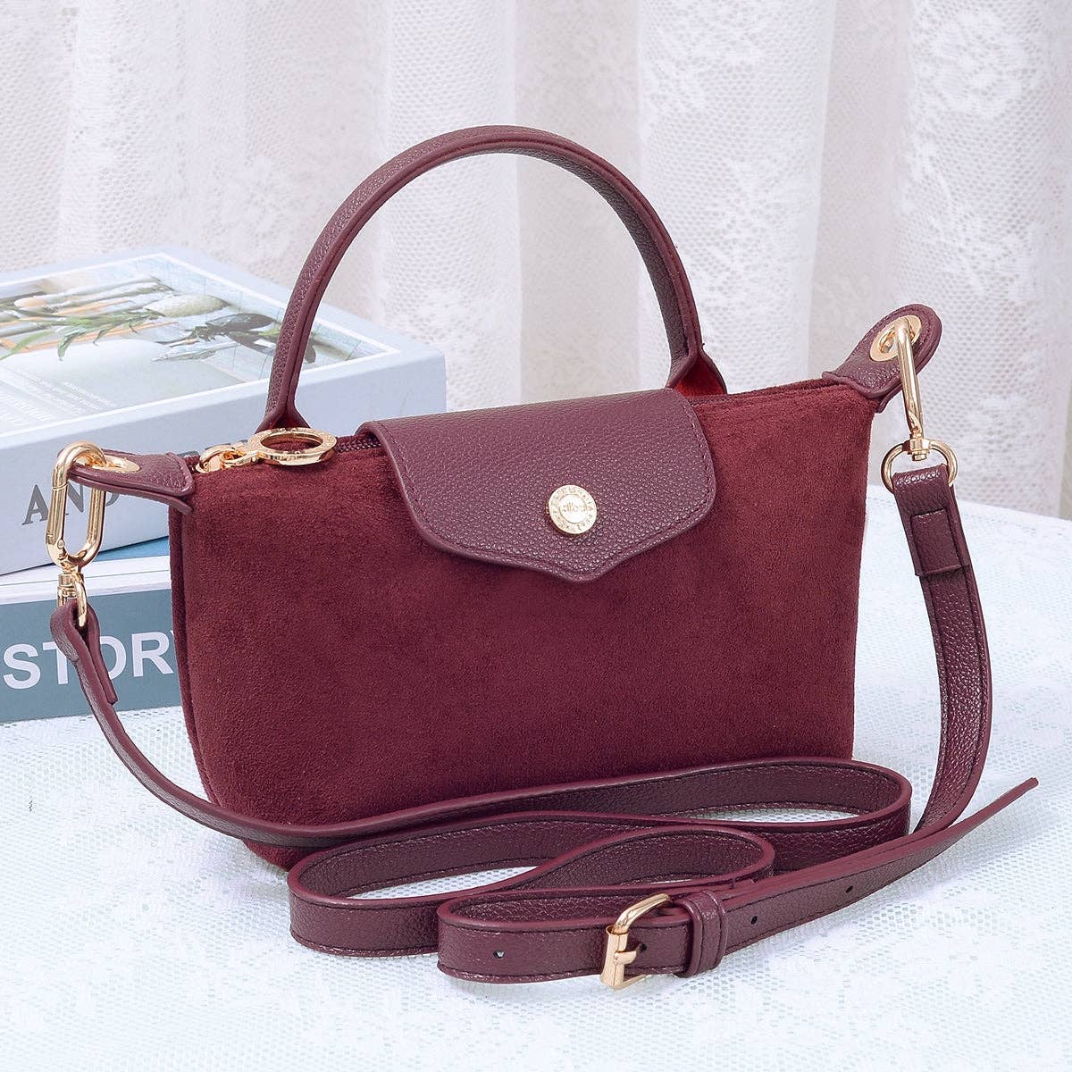 SD781 Penny Suede Mini Crossbody Bag: Burgudy
