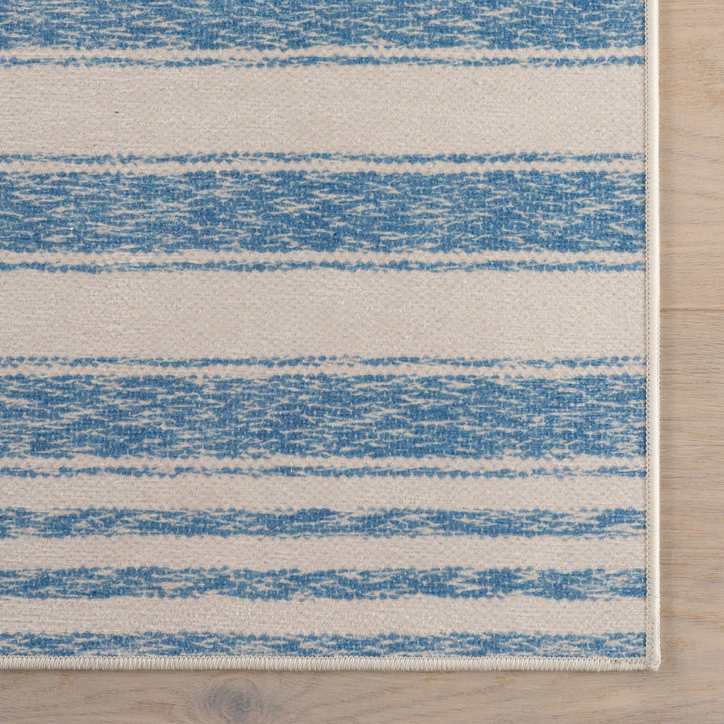 Vion Coastal Striped Machine Washable Rug | Blue: 2' x 3'